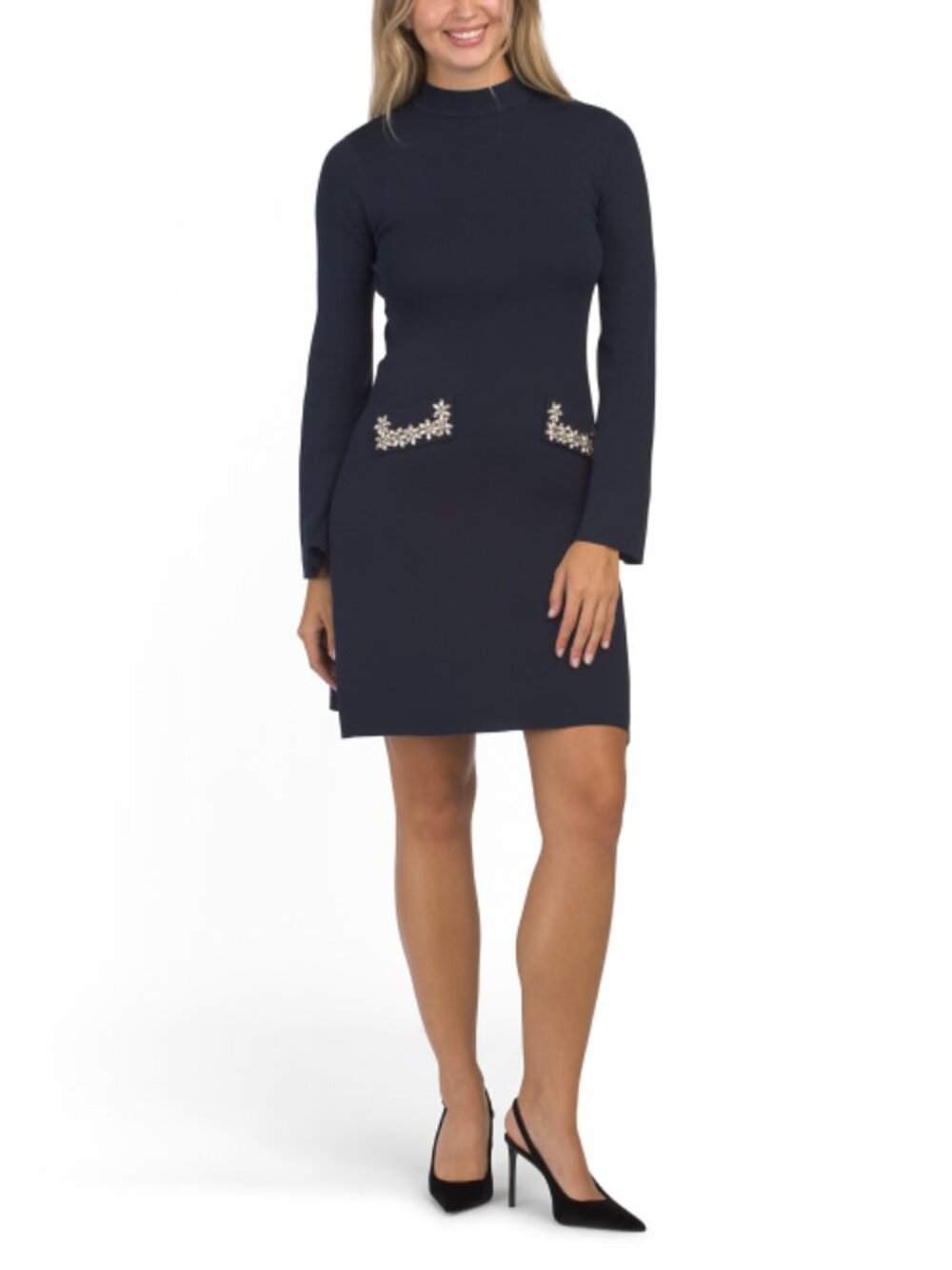SOLITAIRE Long Sleeve Mock Neck Embellished Mini Sweater Dress